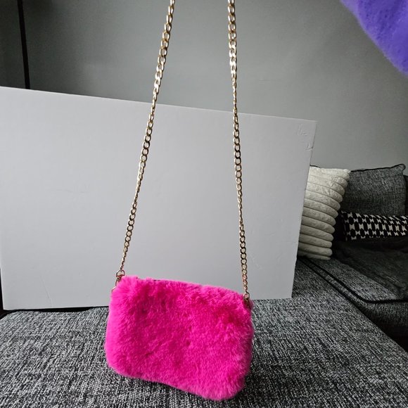 NWOT Faux Fur Clutch Crossbody Handbag Hot Pink - Picture 5 of 7